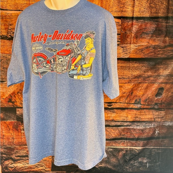 Harley-Davidson Blue Tee with Red Motorcycle Graphic - Picture 3 of 12